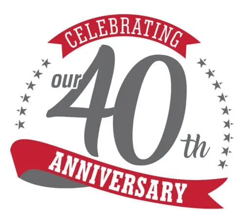 "Celebrating our 40th Anniversary" reads across two red banners in gray and white font. Gray stars sit between them.